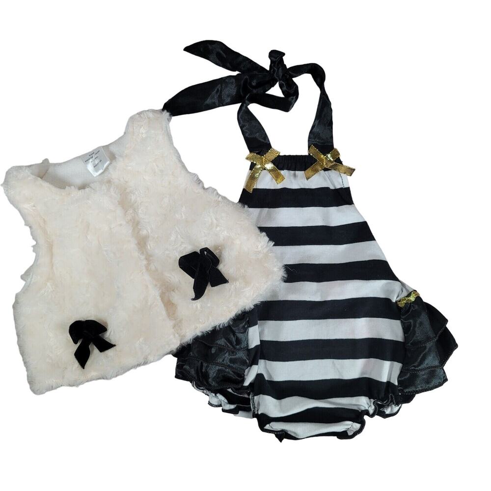 Ruffle Butt Black White Gold 2pc Baby Outfit 6 mos Bodysuit Plush Swirl Vest NEW